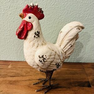 Chicken Rooster Crackle Shabby Chippy Standing Ceramic Farmhouse Decor 11"